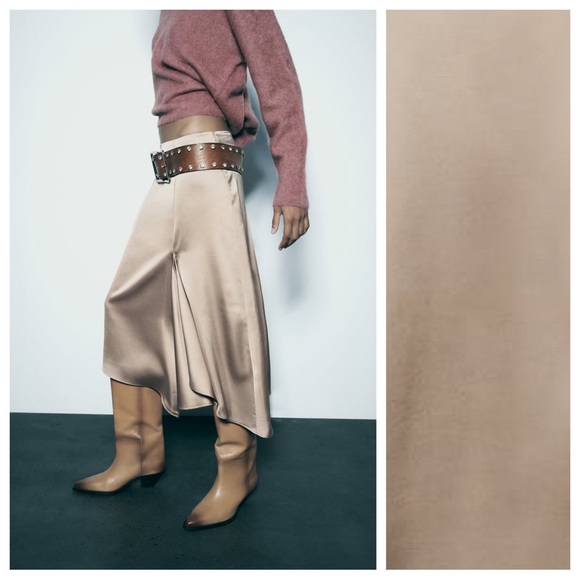 NWT. Zara Beige-Pink Satin A-Line Silhouette High Waist Midi Skirt Size M. - Picture 4 of 12